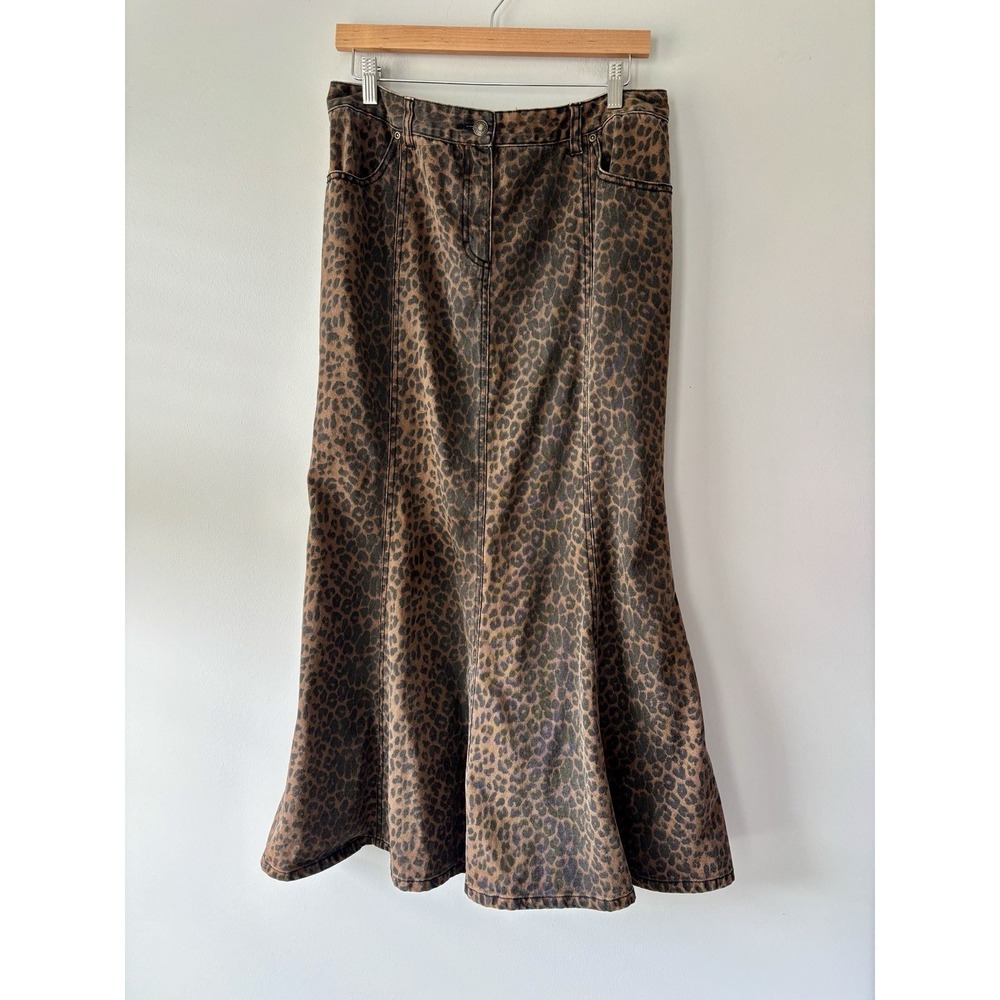 Vintage Cheetah Print Cotton Trumpet Flare Maxi Skirt Sz 14 Jeanology Collection